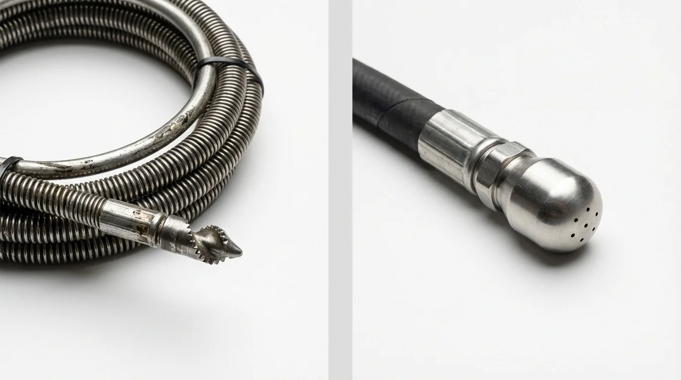 Drain snake cable and hydro jetting nozzle used for drain cleaning in New Orleans, LA