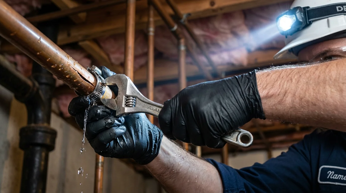 Emergency pipe clamp repair being performed by a Johns Plumbing LLC plumber in New Orleans