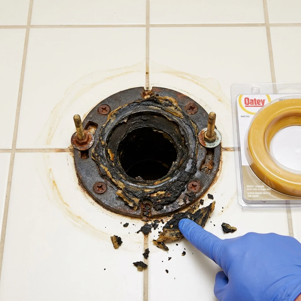 Failed wax ring showing water seepage at the base of a toilet in a New Orleans, LA home