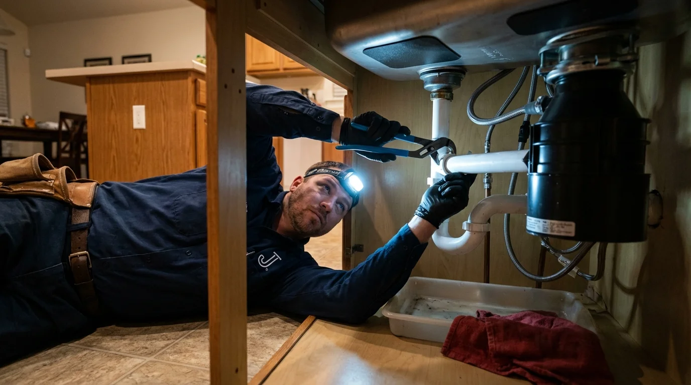 P-trap and supply line connections under a kitchen sink showing a common leak point in New Orleans, LA
